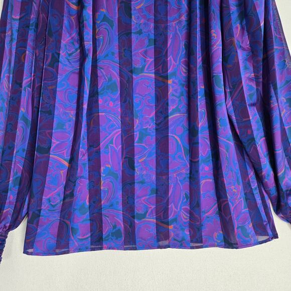 VTG Stuart Lang Blouse Sz 14 Purple Geo Print High Neck Long Sleeve Secretary - Picture 5 of 16